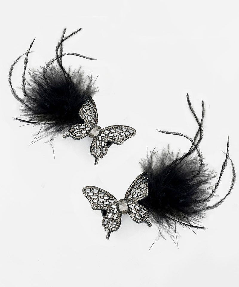 Handmade Black Alloy Zircon Butterfly Feathers Hairpin