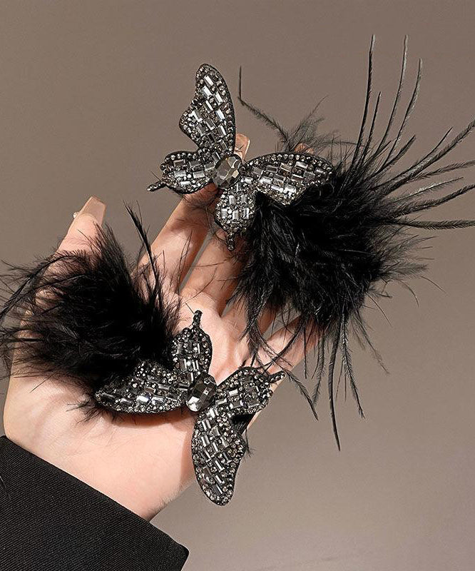 Handmade Black Alloy Zircon Butterfly Feathers Hairpin