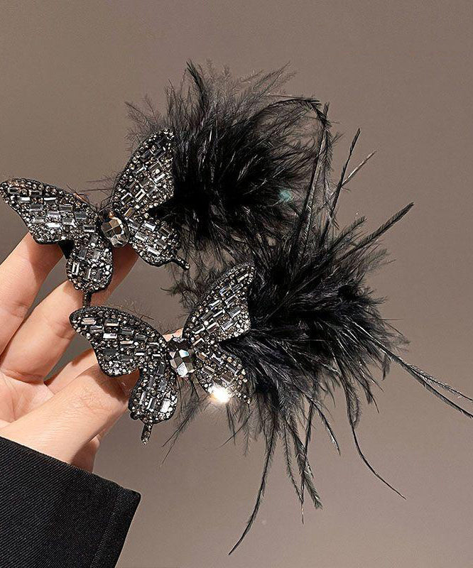 Handmade Black Alloy Zircon Butterfly Feathers Hairpin