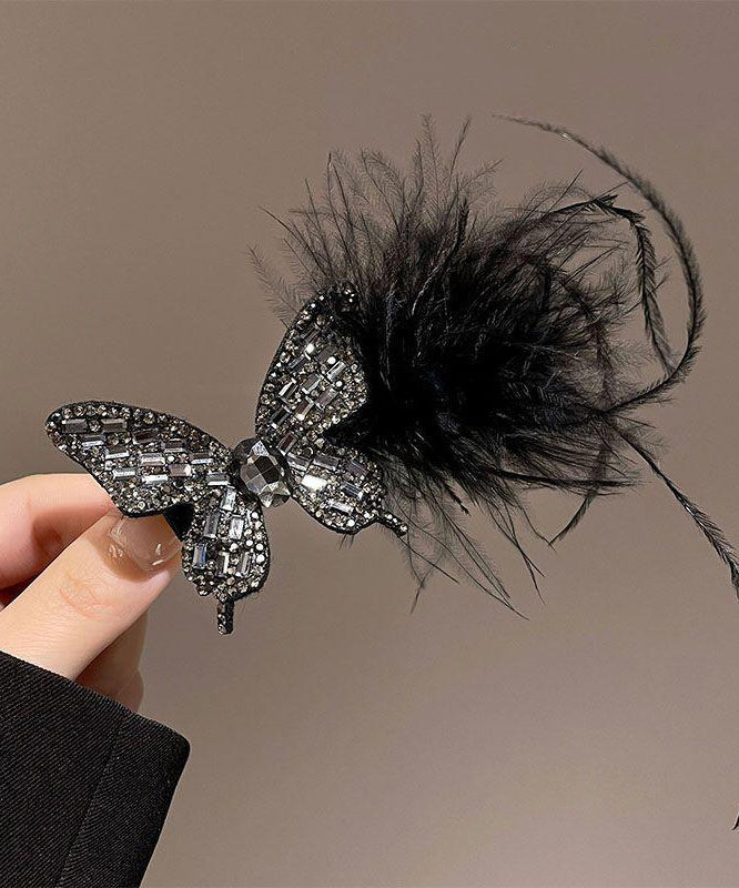 Handmade Black Alloy Zircon Butterfly Feathers Hairpin