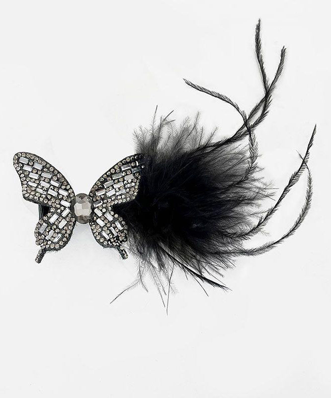 Handmade Black Alloy Zircon Butterfly Feathers Hairpin