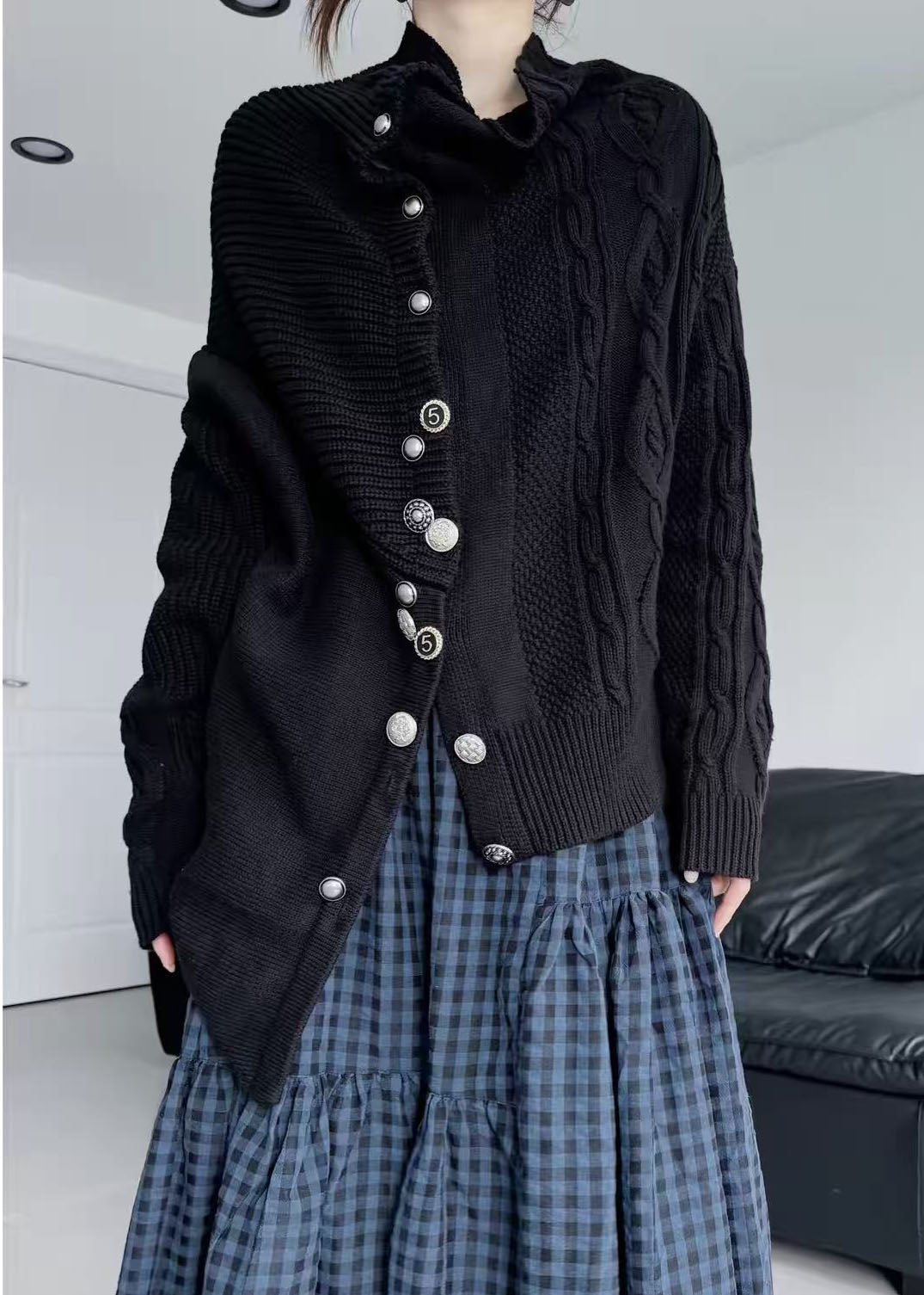 Handmade Black Asymmetrical Desidn Warm Knit Cardigan Winter