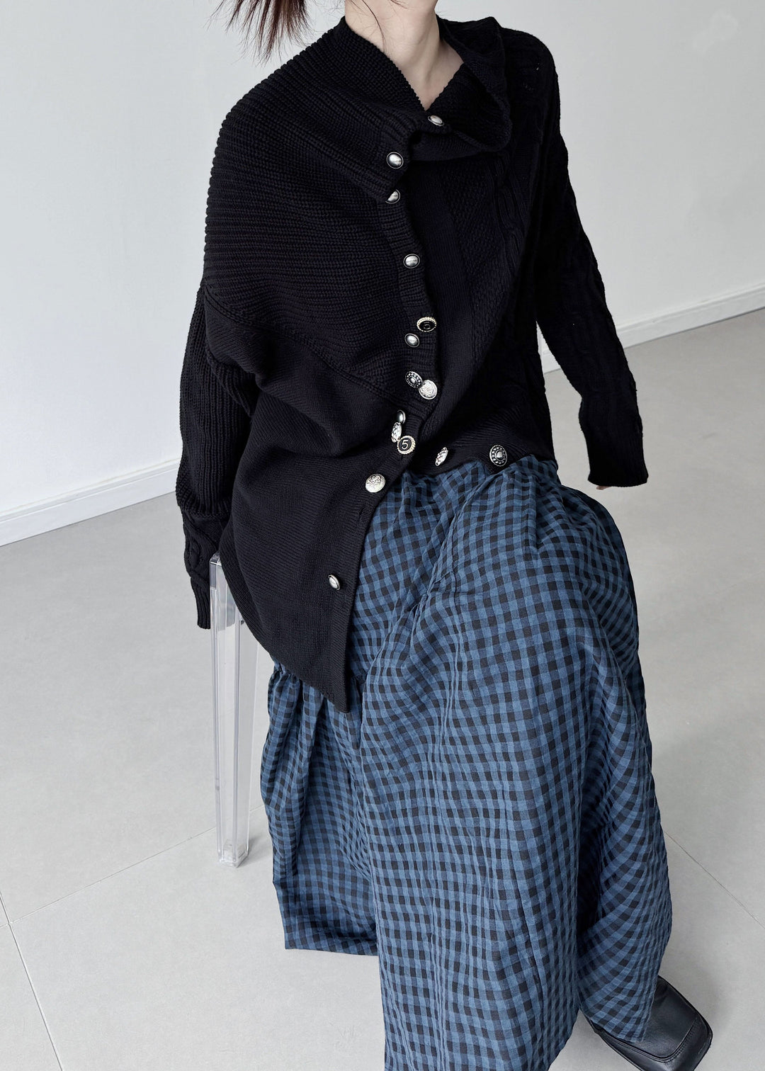 Handmade Black Asymmetrical Desidn Warm Knit Cardigan Winter