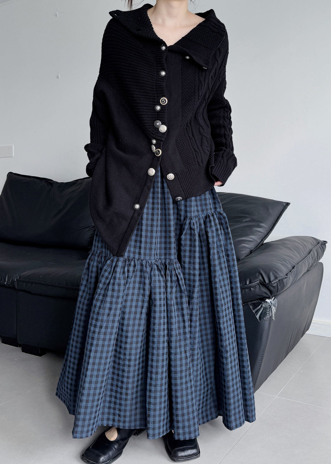 Handmade Black Asymmetrical Desidn Warm Knit Cardigan Winter