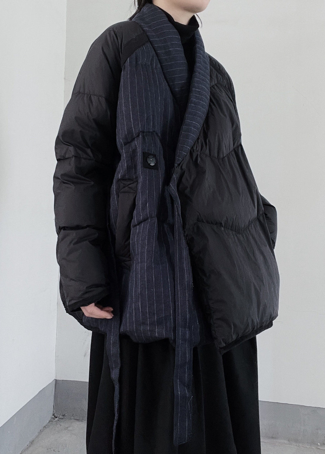 Handmade Black Asymmetrical Patchwork Duck Down Puffers Jackets Winter