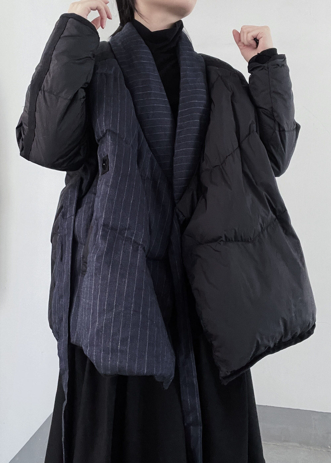 Handmade Black Asymmetrical Patchwork Duck Down Puffers Jackets Winter