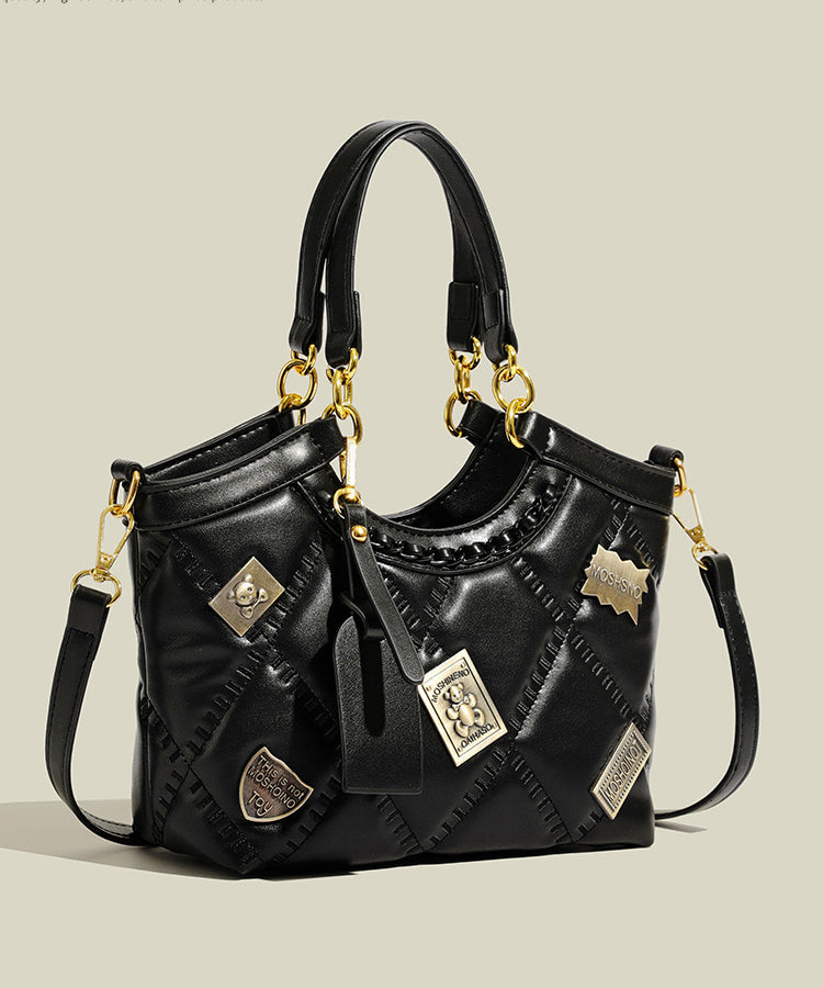 Handmade Black Bear Copper Sheet Decorated Faux Leather Tote Handbag