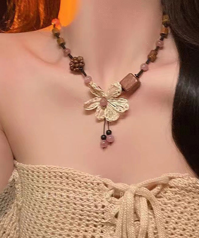 Handmade Black Braided Rope Floral Coloured Glaze Wood Gratuated Bead Necklace