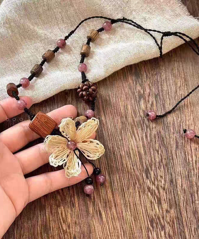 Handmade Black Braided Rope Floral Coloured Glaze Wood Gratuated Bead Necklace