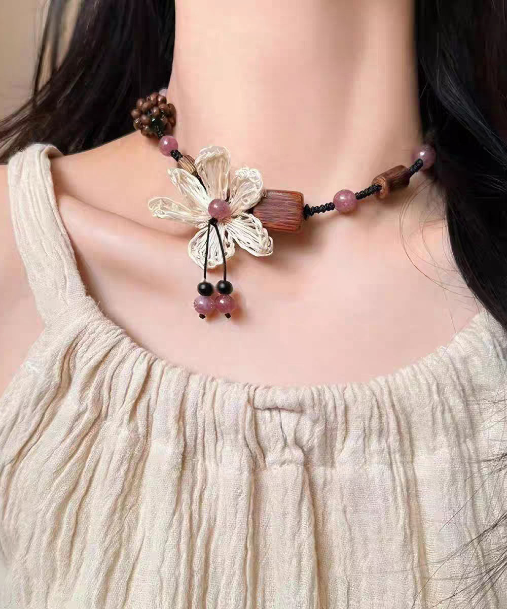Handmade Black Braided Rope Floral Coloured Glaze Wood Gratuated Bead Necklace