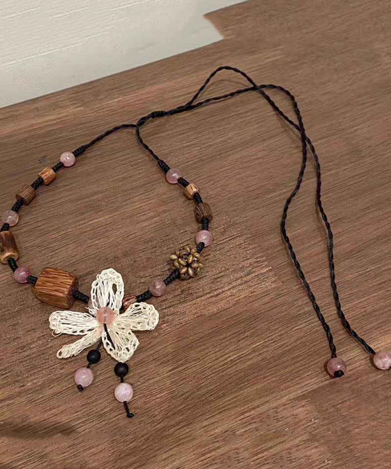 Handmade Black Braided Rope Floral Coloured Glaze Wood Gratuated Bead Necklace