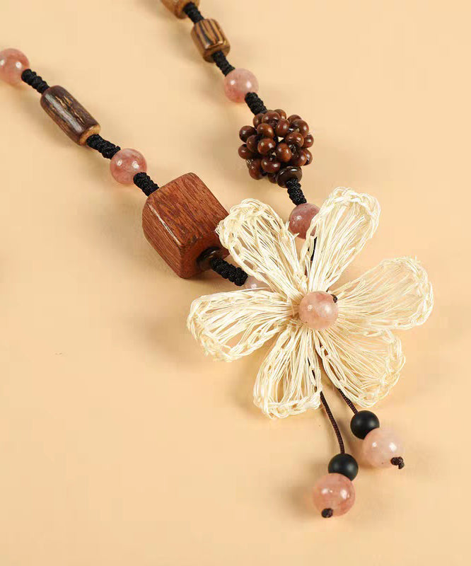 Handmade Black Braided Rope Floral Coloured Glaze Wood Gratuated Bead Necklace
