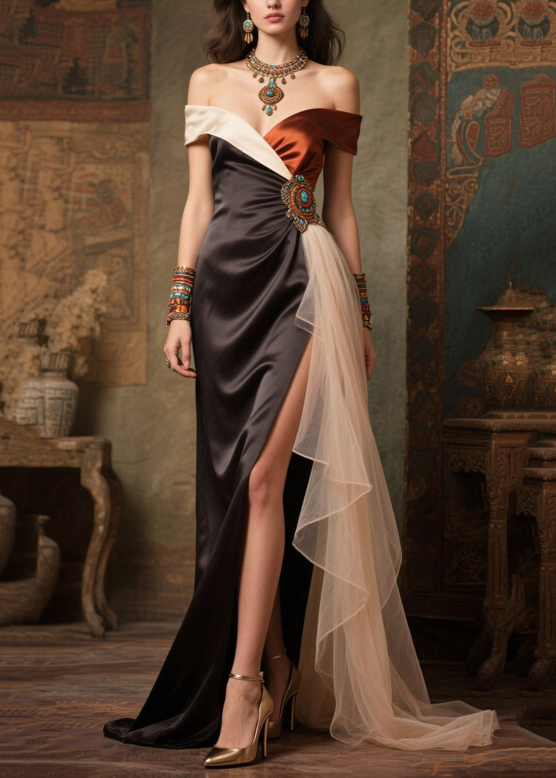 Handmade Black Cold Shoulder Side Open Silk Vestidos Dress Summer