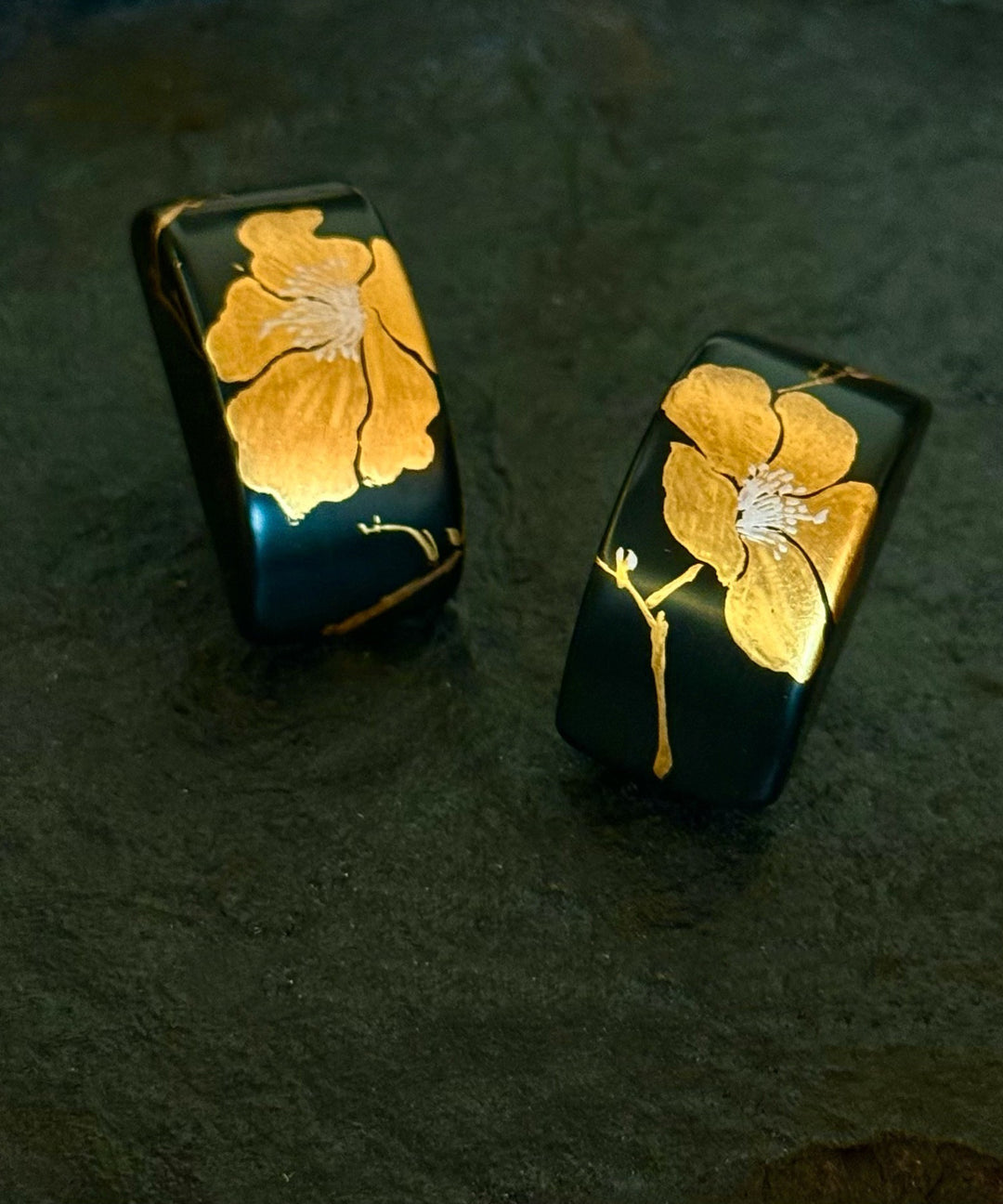 Handmade Black Copper Alloy Camellia Stud Earrings