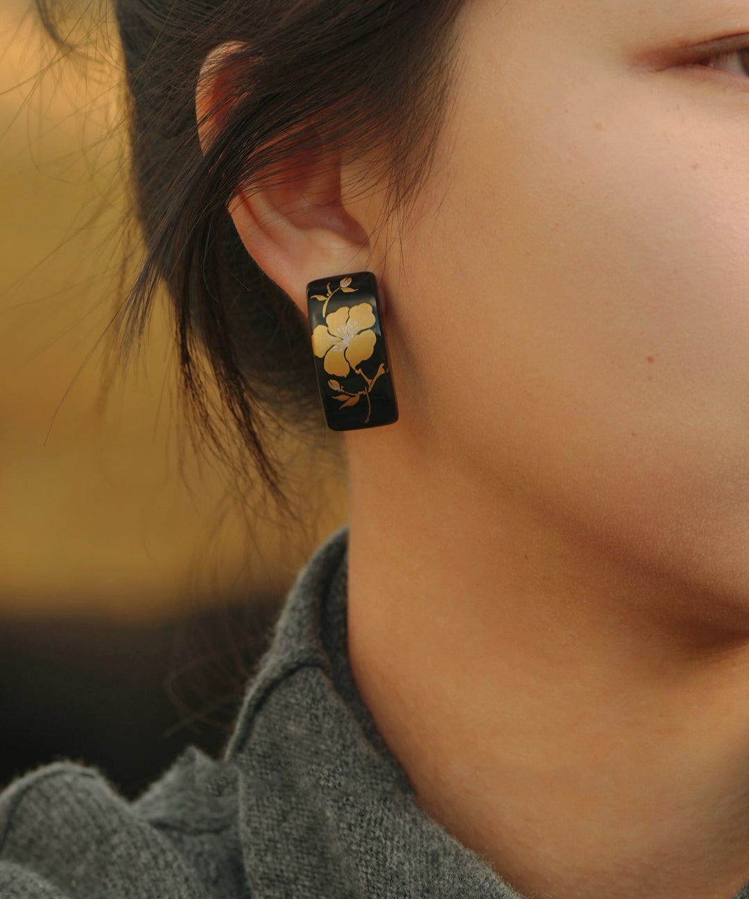 Handmade Black Copper Alloy Camellia Stud Earrings