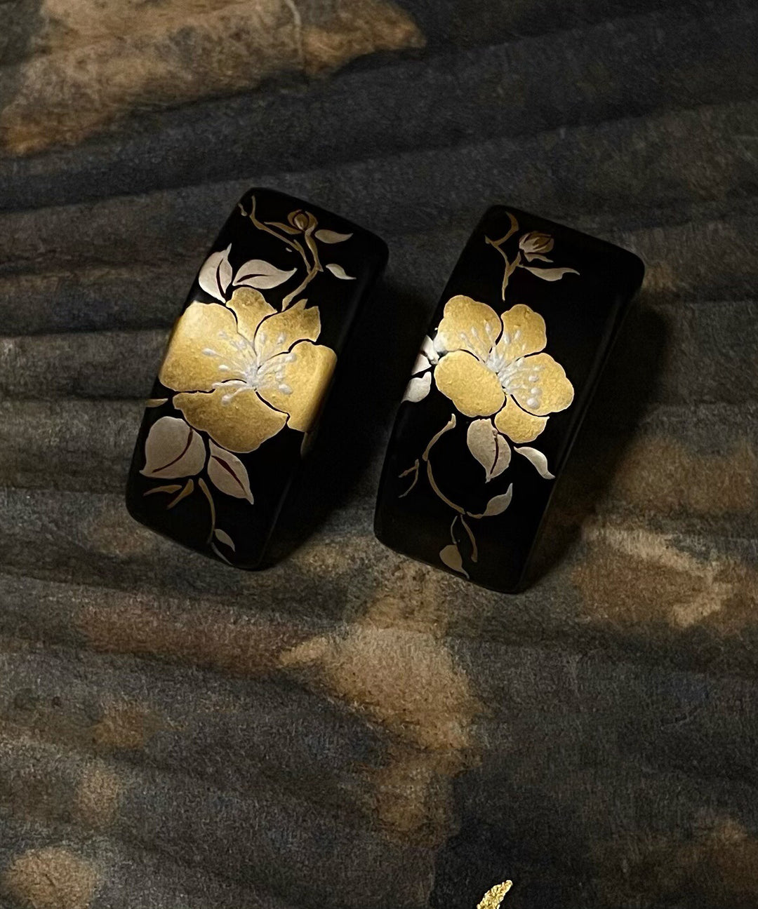 Handmade Black Copper Alloy Camellia Stud Earrings