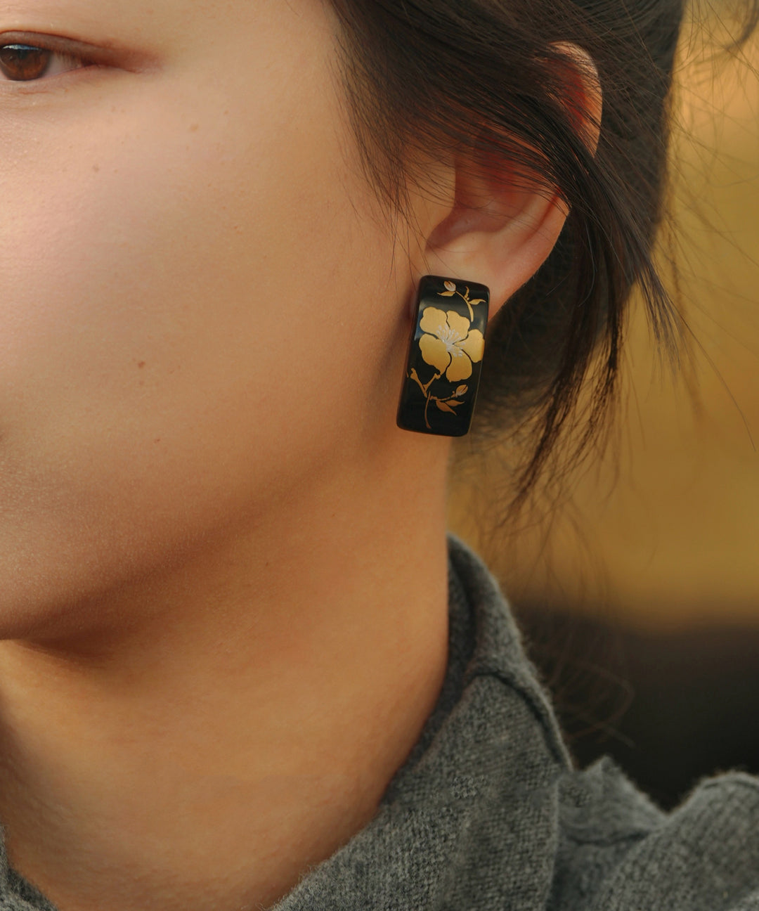 Handmade Black Copper Alloy Camellia Stud Earrings