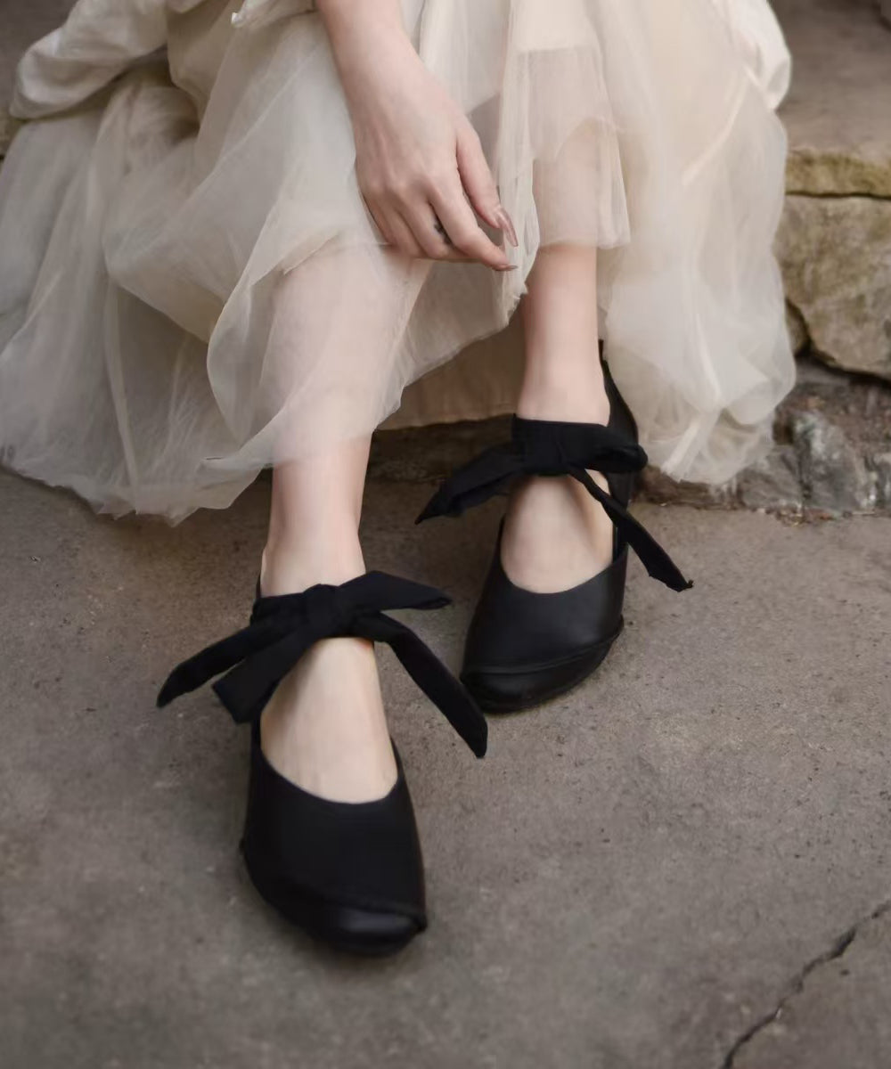 Handmade Black Cowhide Leather Wedge Heels Shoes Lace Up