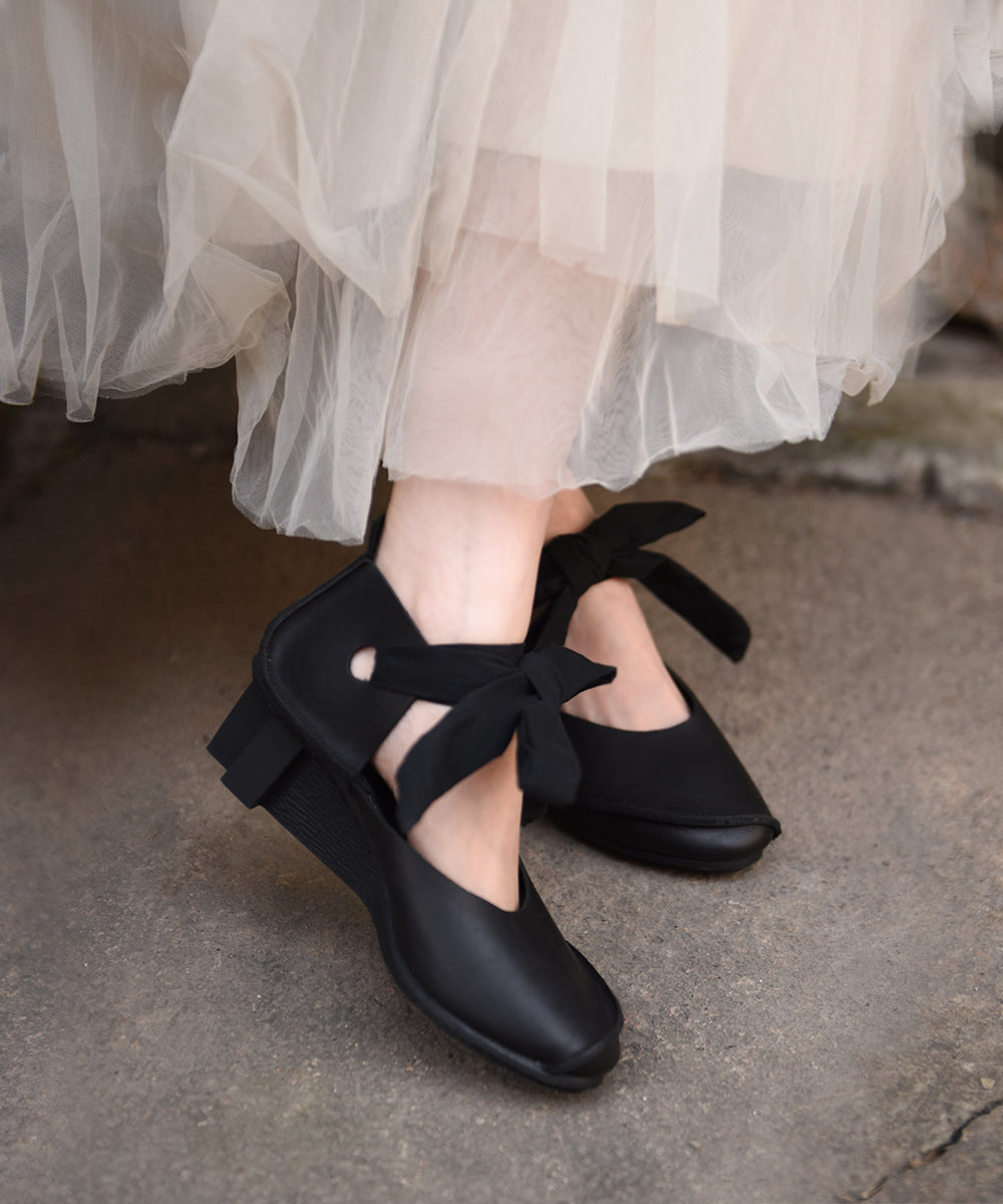 Handmade Black Cowhide Leather Wedge Heels Shoes Lace Up