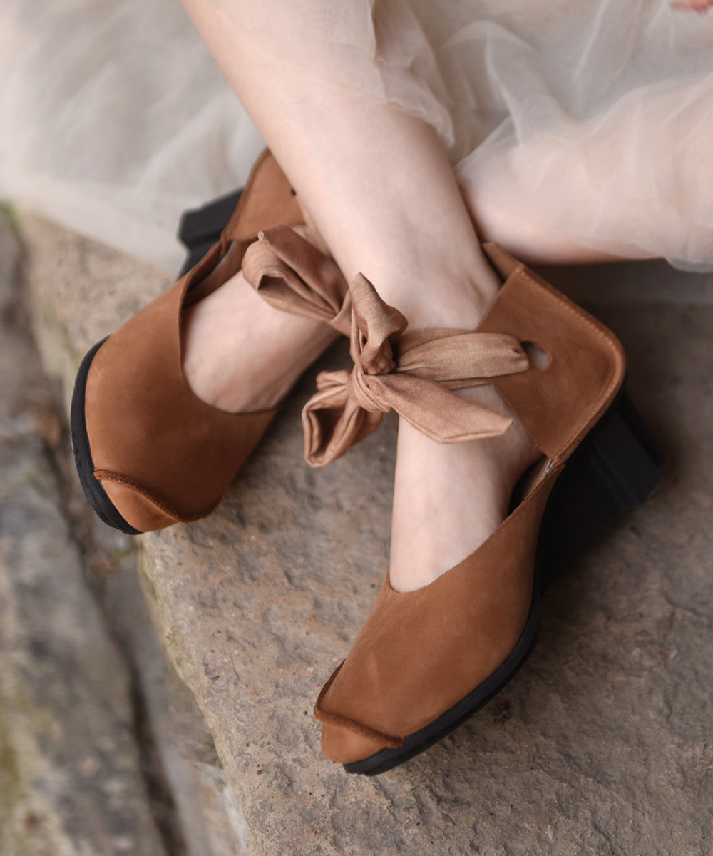 Handmade Black Cowhide Leather Wedge Heels Shoes Lace Up