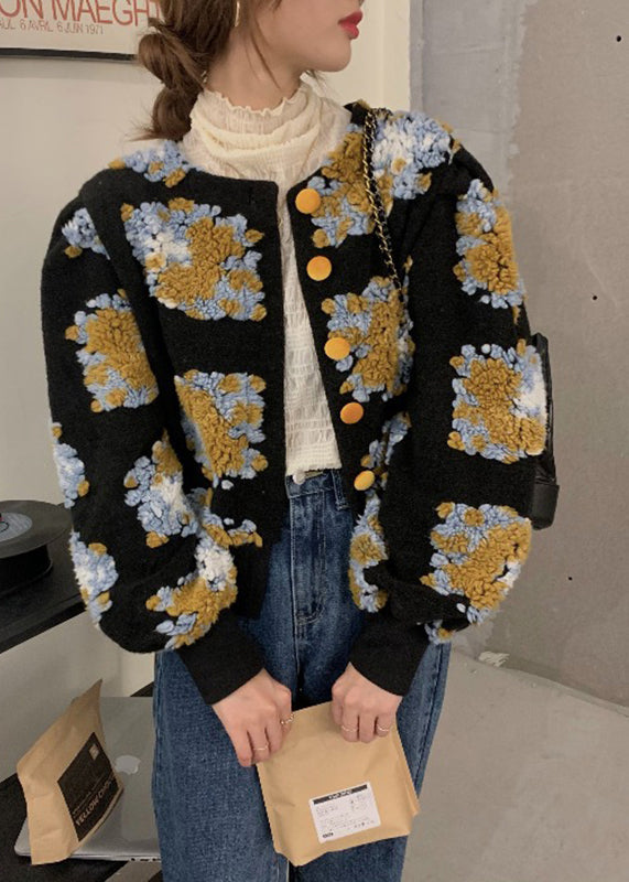 Handmade Black Embroidered Floral Faux Fur Jacket Spring