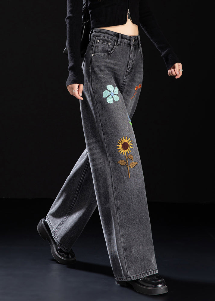 Handmade Black Embroidered Warm Fleece Denim Pants Winter