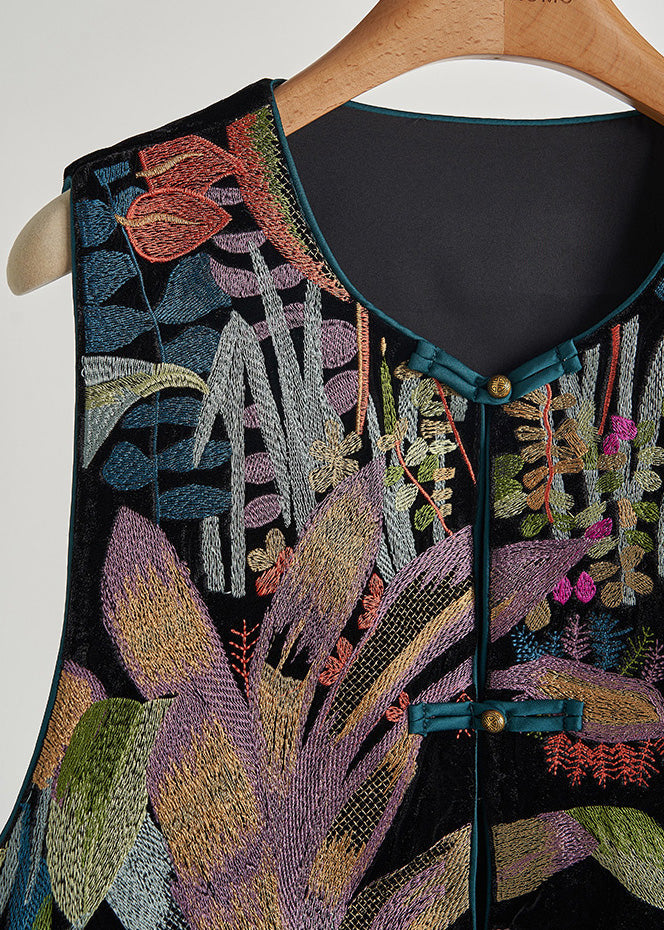 Handmade Black Embroideried Chinese Button Silk Velour Vests Fall