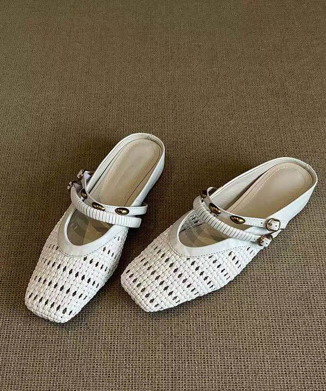 Handmade Black Hollow Out Splicing Sheepskin Slide Sandals