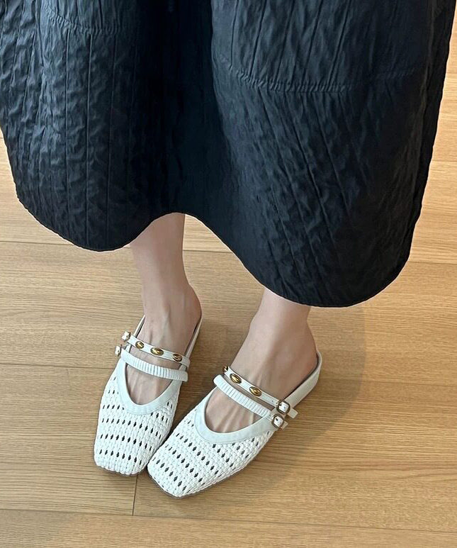 Handmade Black Hollow Out Splicing Sheepskin Slide Sandals
