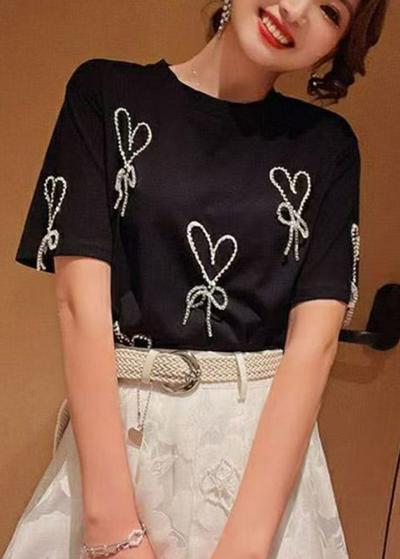 Handmade Black Nail Bead Bow T Shirts Summer