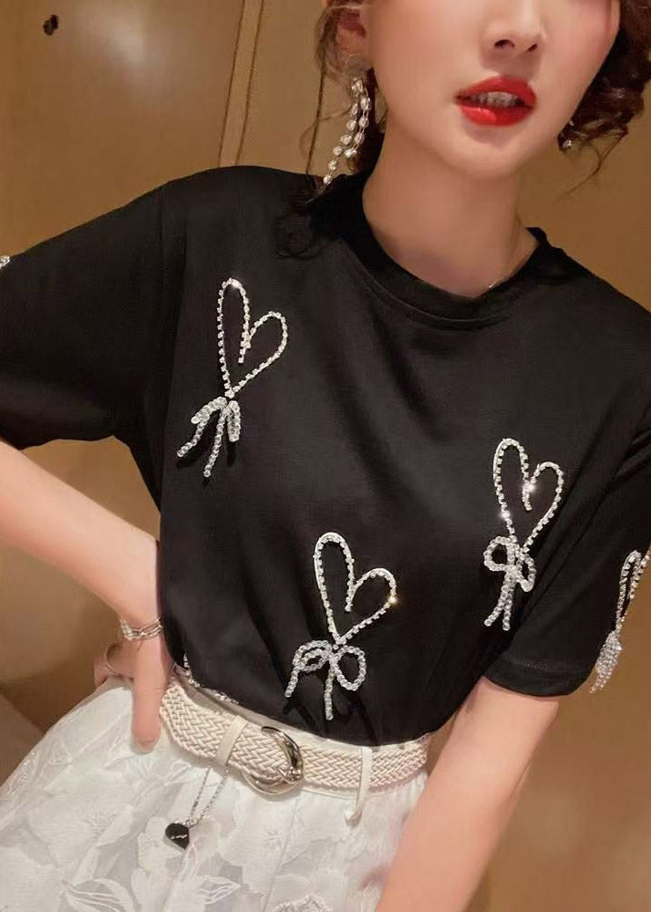 Handmade Black Nail Bead Bow T Shirts Summer