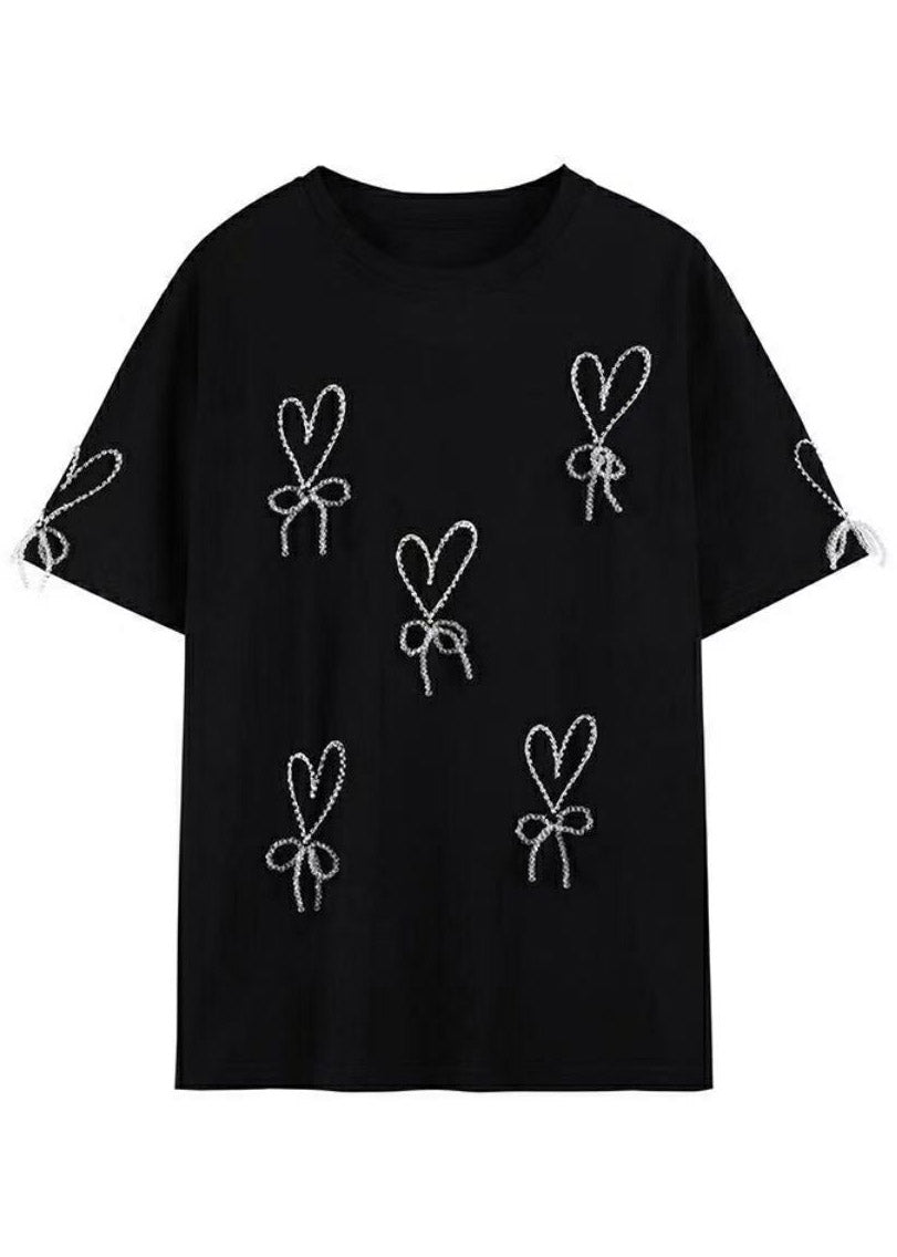 Handmade Black Nail Bead Bow T Shirts Summer