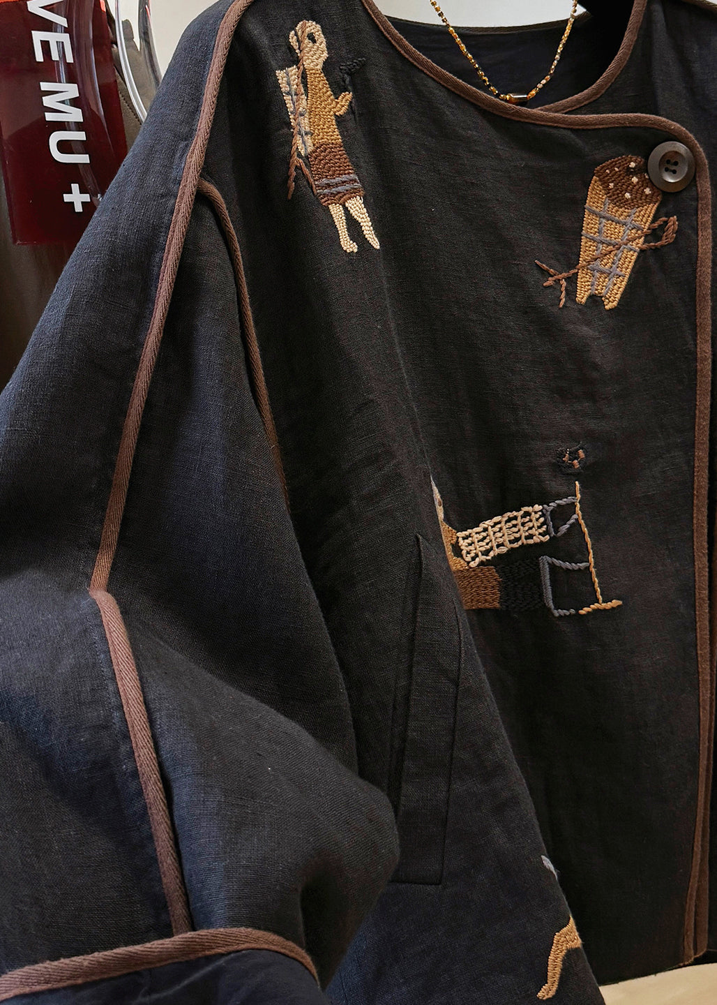 Handmade Black O Neck Embroidered Patchwork Linen Coat Fall