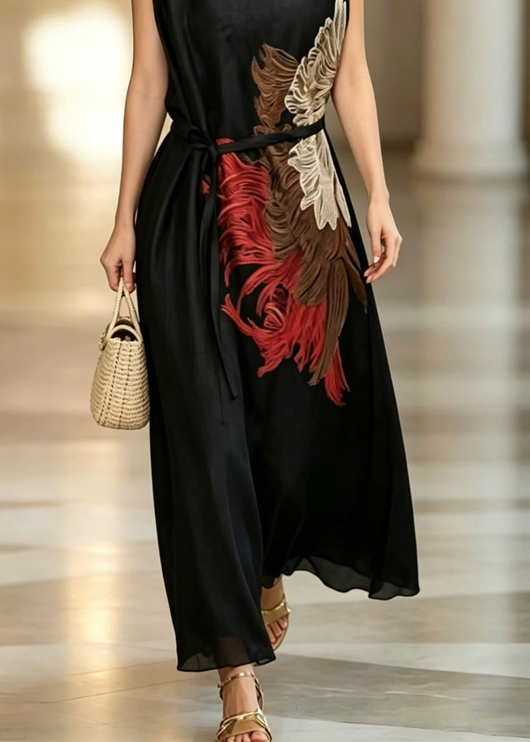 Handmade Black O-Neck Embroidered Sashes Long Dresses Summer