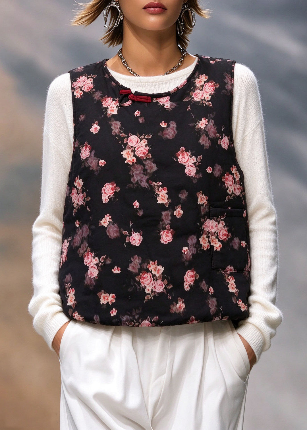 Handmade Black O-Neck Print Warm Fleece Waistcoat Winter