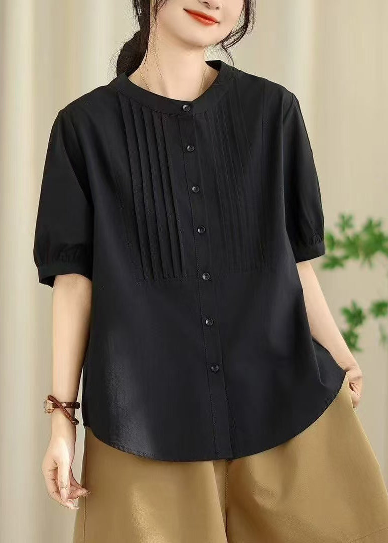 Handmade Black O-Neck Wrinkled Cotton Shirt Tops Summer