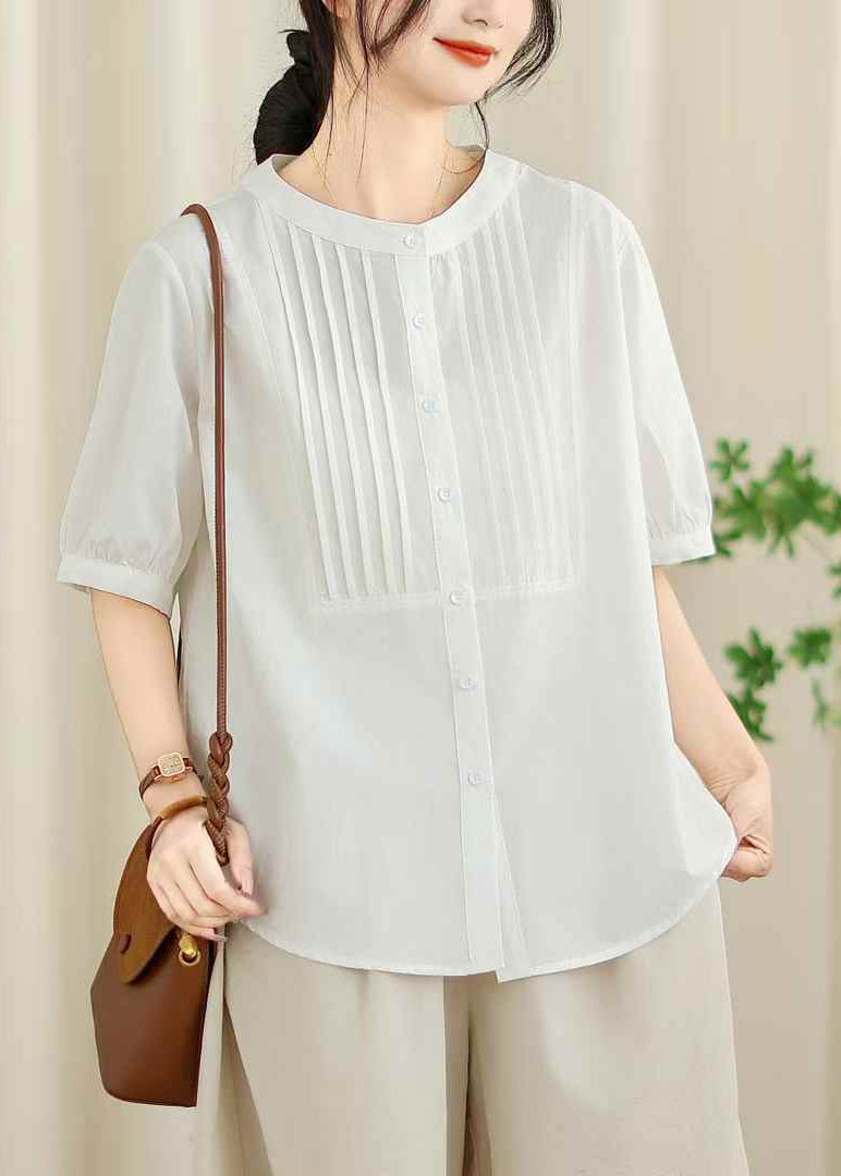 Handmade Black O-Neck Wrinkled Cotton Shirt Tops Summer