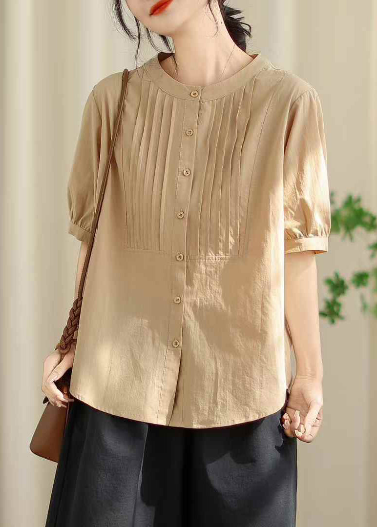 Handmade Black O-Neck Wrinkled Cotton Shirt Tops Summer