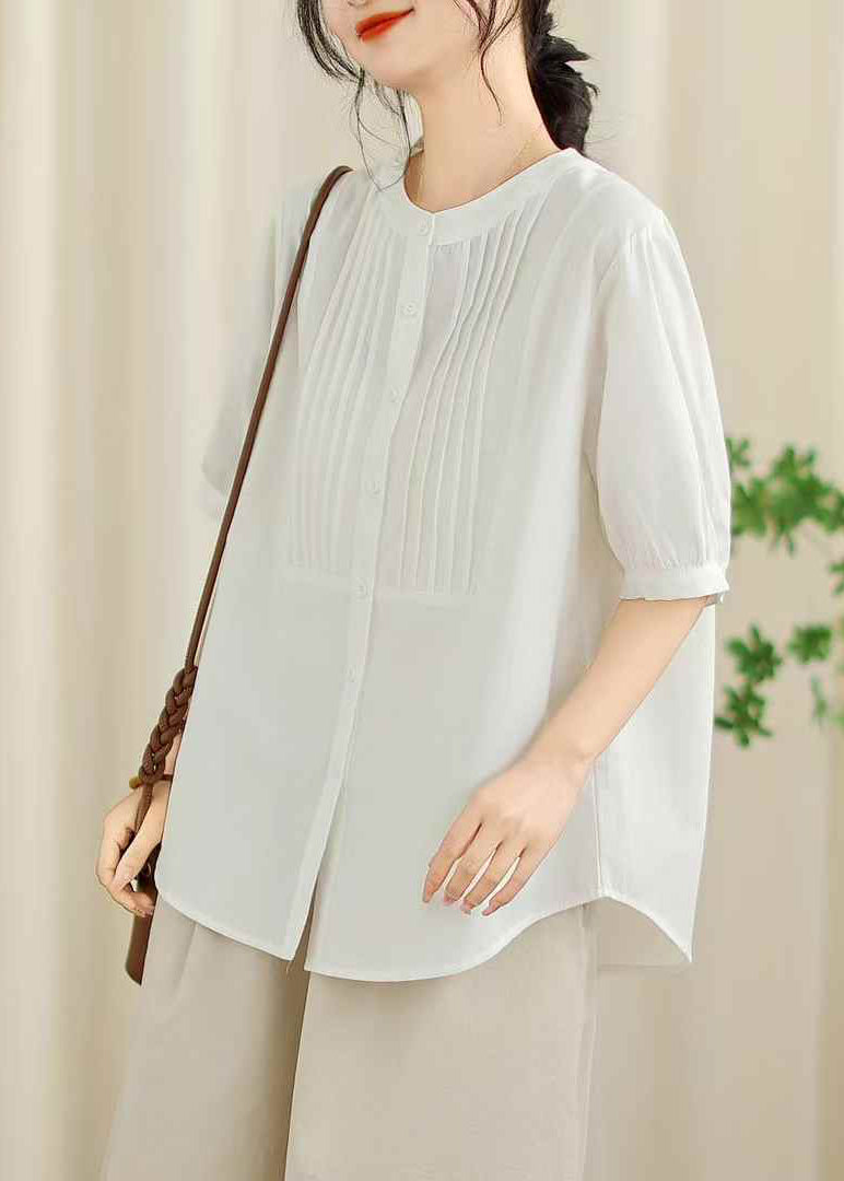 Handmade Black O-Neck Wrinkled Cotton Shirt Tops Summer