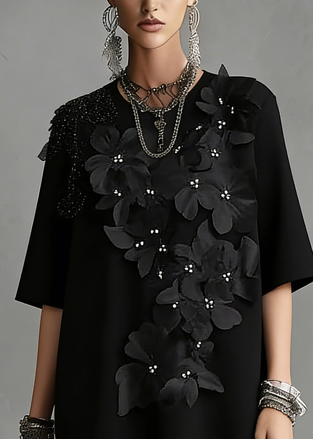 Handmade Black O-Neck Zircon Top Short Sleeve