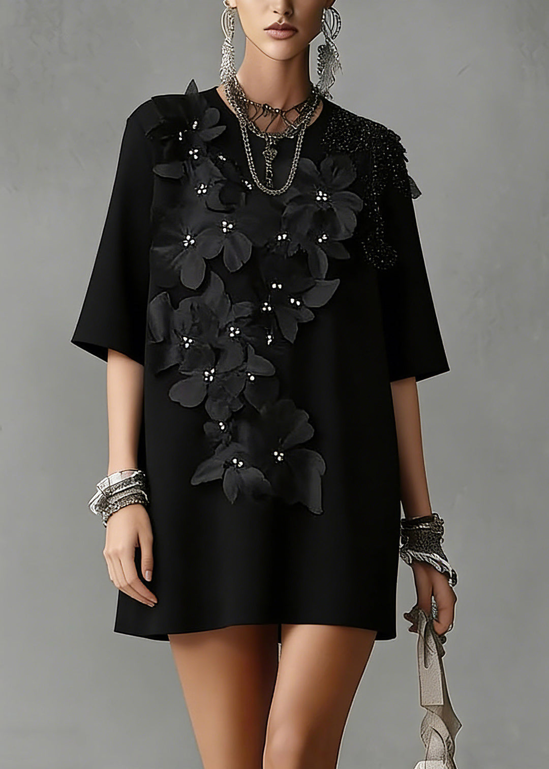 Handmade Black O-Neck Zircon Top Short Sleeve