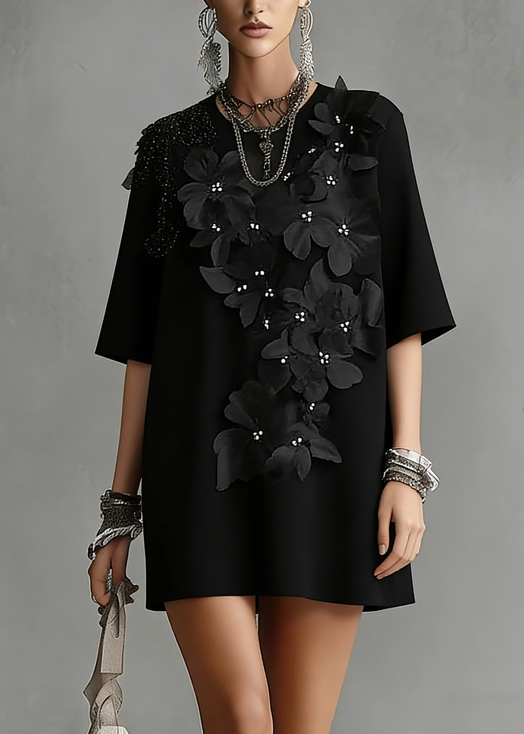 Handmade Black O-Neck Zircon Top Short Sleeve