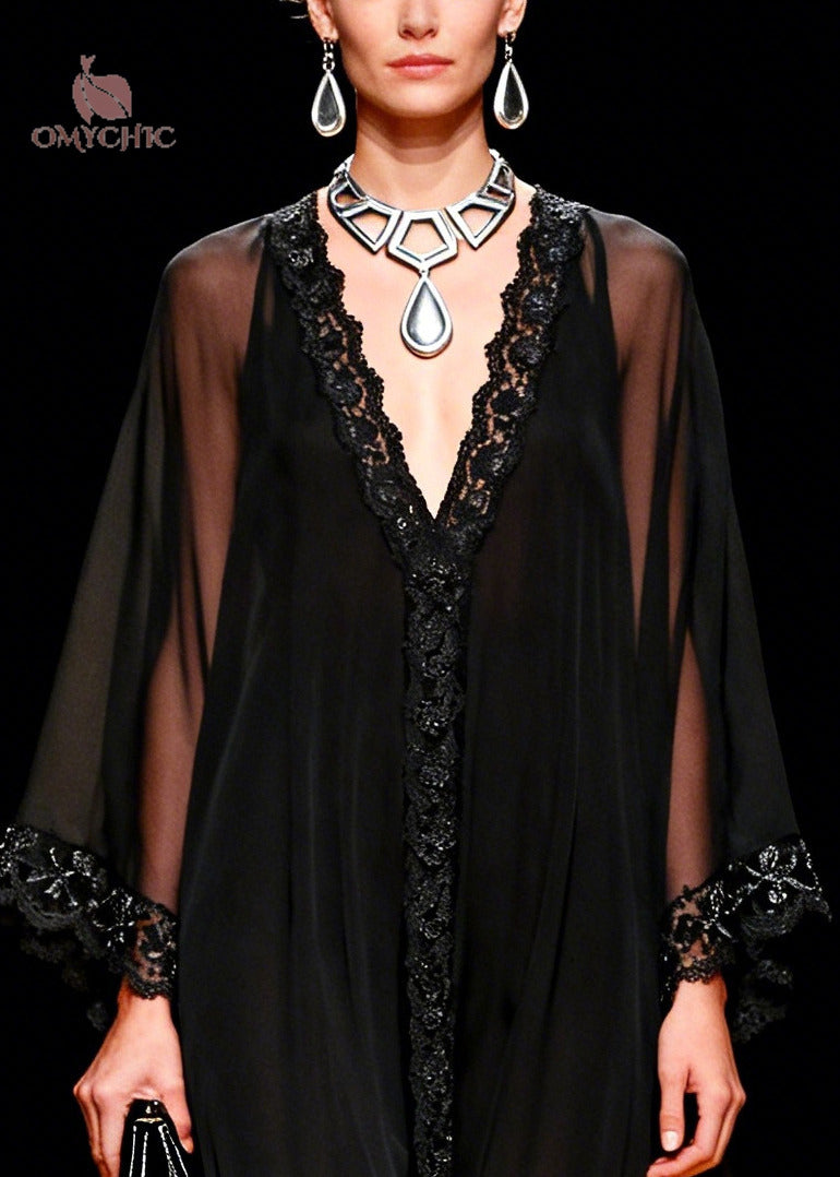 Handmade Black Oversized Lace Patchwork Chiffon Dresses Summer