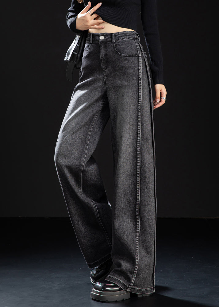 Handmade Black Oversized Patchwork Denim Straight Pants Spring