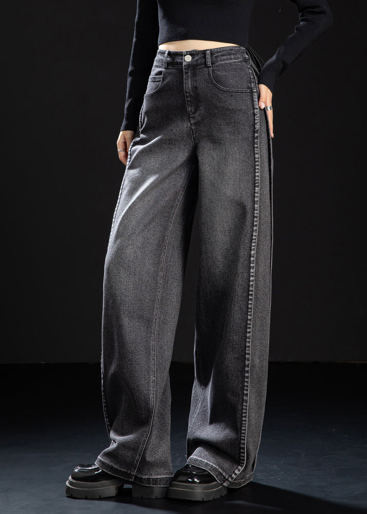Handmade Black Oversized Patchwork Denim Straight Pants Spring
