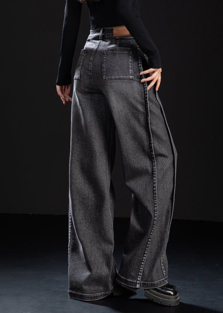 Handmade Black Oversized Patchwork Denim Straight Pants Spring