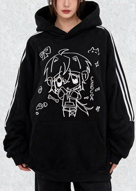 Handmade Black Oversized Print Cotton Sweatshirts Top Winter