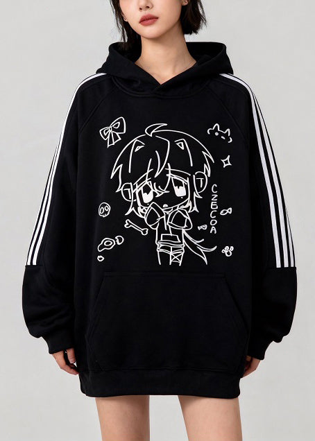 Handmade Black Oversized Print Cotton Sweatshirts Top Winter