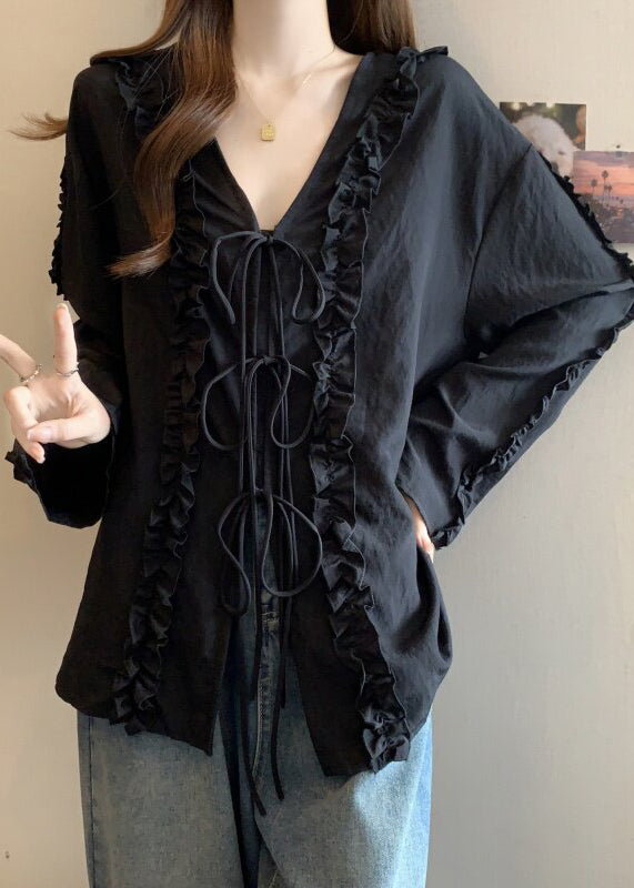 Handmade Black Patchwork Bow Shirt Long Sleeve