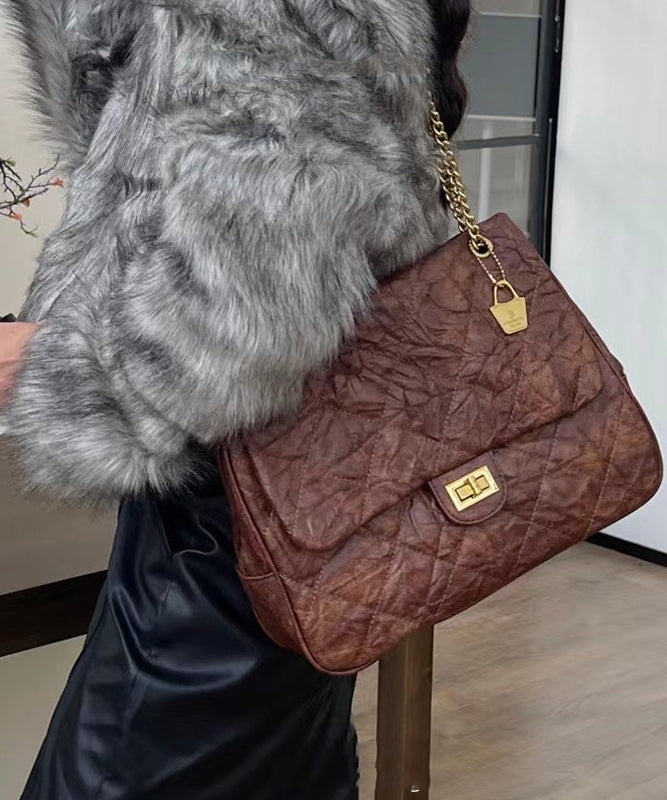 Handmade Black Plaid Wrinkled Faux Leather Flap Bag